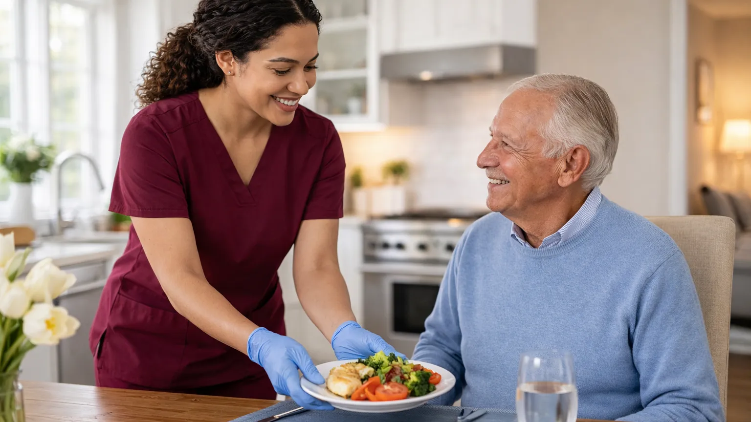 Caregiver and client sharing a warm moment at home